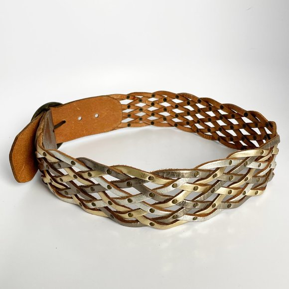 Fossil Wide Woven Braided Silver Gold Leather Belt - Picture 7 of 8